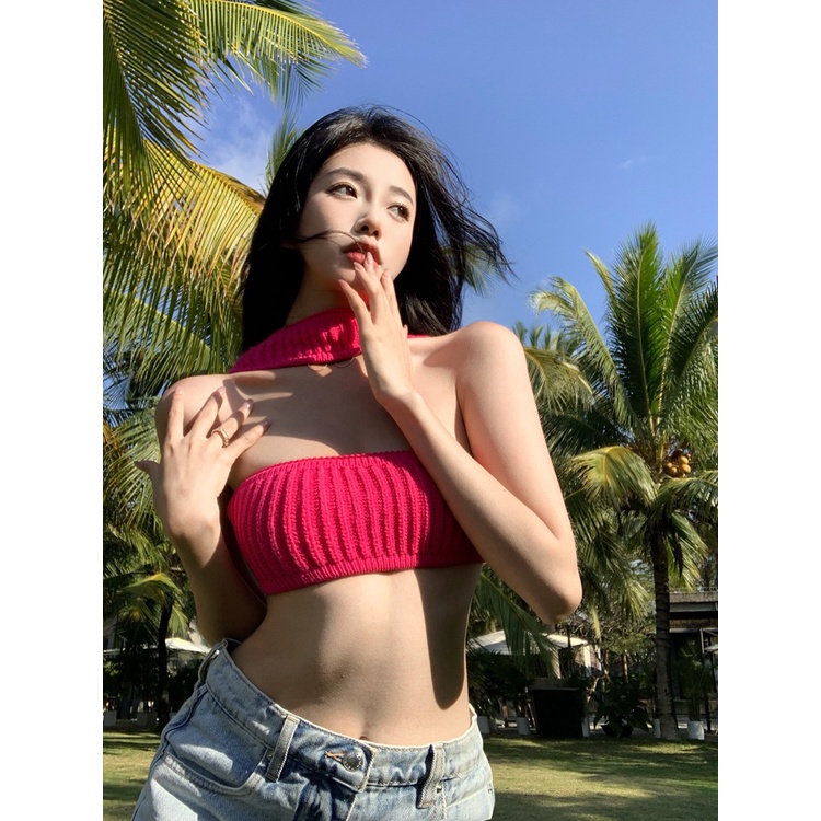 QADCOL  Áo Dệt Kim Không Tay Hở Lưng Ôm Dáng Thời Trang Cho Nữ