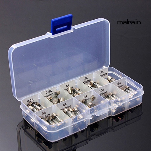 Bộ 100 cầu chì ống thủy tinh 5x20mm 0.2A-15A cho xe hơi