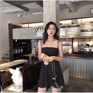 {ẢNH THẬT} Đầm chấm bi 2 dây cột nơ siêu xinh