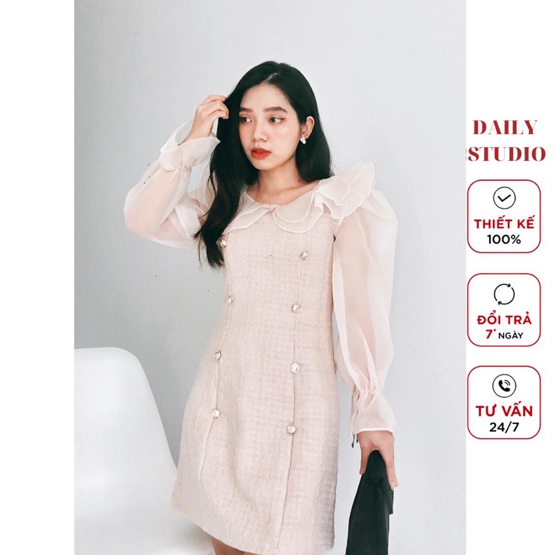 [THIẾT KẾ CAO CẤP]Váy dạ tweed tiểu thư phối tay phồng tơ organza đính nút ngọc chảnh,Váy dạ tweed ngọc tay phồng cổbèo