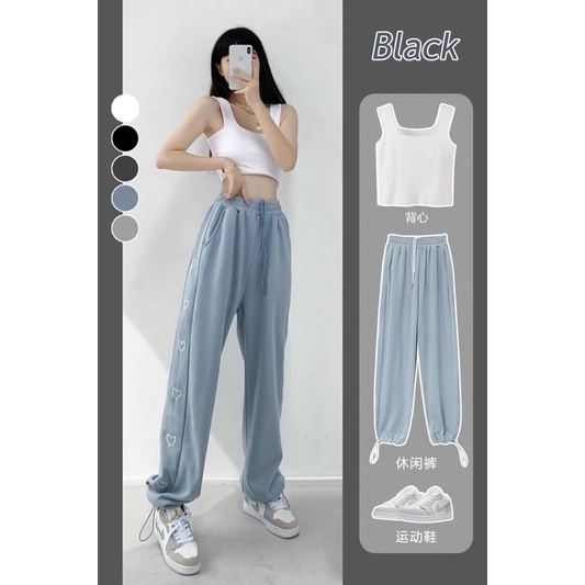 Quần jogger tim cạnh KA Closet - Quần Ống Rộng chốt gấu ullzang có size M và L, chất nỉ ép dầy VIDEO ẢNH THẬT
