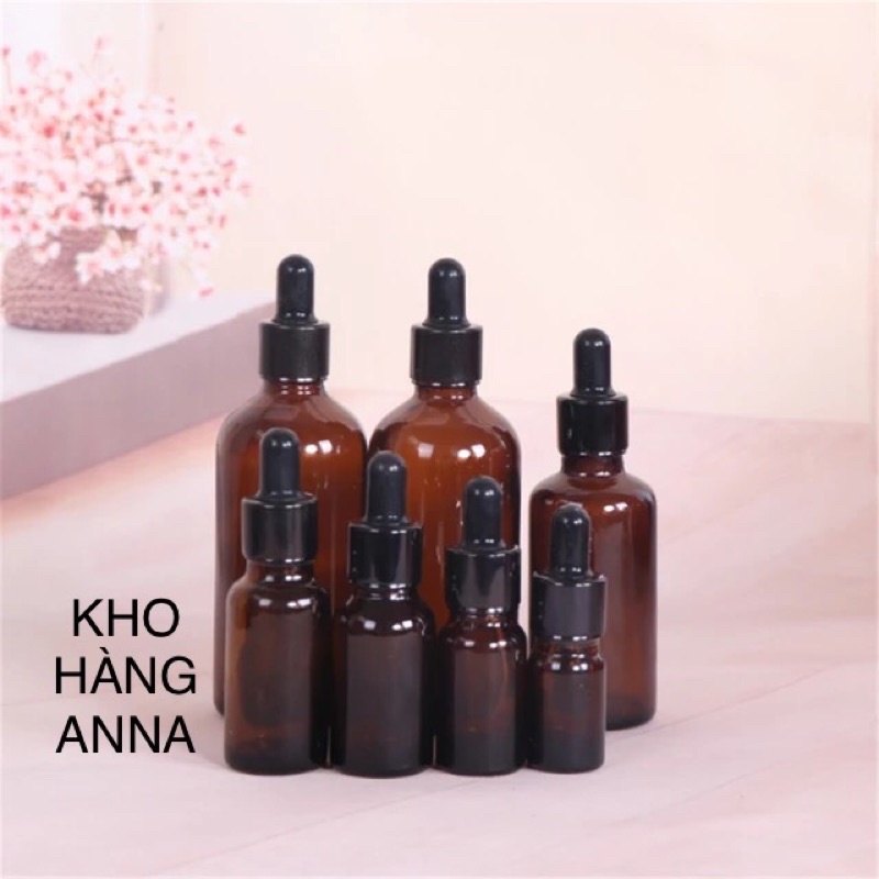 Combo 5 Chai THUỶ TINH Nâu bóng 100ml/ 50ml/ 30ml/ 20ml/ 15ml / 10ml/ 5ml Đựng Tinh Dầu xịt sương/ bóp nhỏ giọt/ nắp Đen