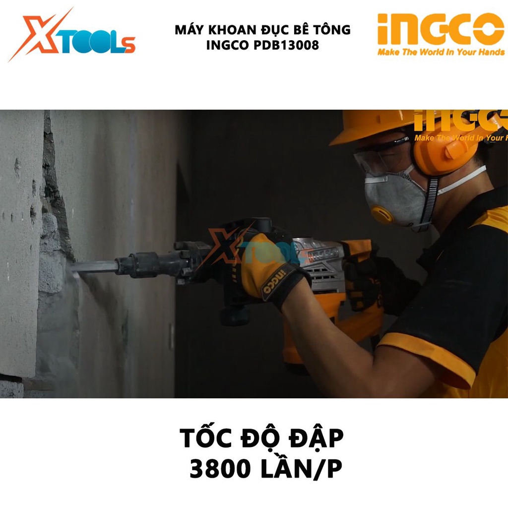Máy đục bê tông INGCO PDB13008 | Máy khoan đục 220-240V~50-60Hz, công suất 1300W, tốc độ dập 3800bmp, lực đập 20j, đục p