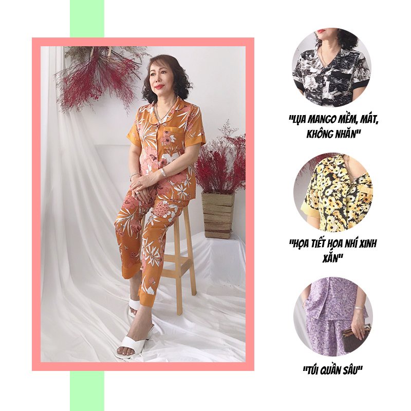 Đồ bộ trung niên SBORG pijama nữ lụa mango hoa nhí cao cấp mặc nhà quần dài có túi bigsize 45-65 kg quà tặng mẹ