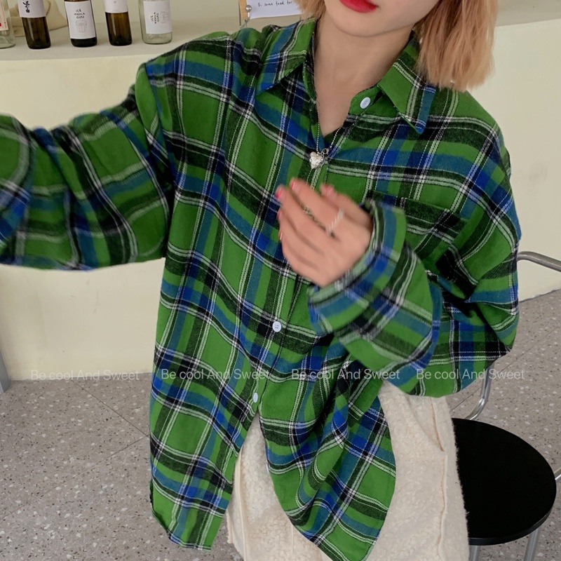 SUXI Áo Sơ Mi Nữ Tay Dài Dáng Rộng Họa Tiết Caro Phong Cách Hàn Quốc