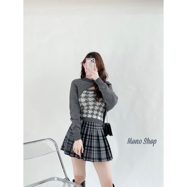 set áo len cutout kèm áo 2 dây ôm hoạt tiết ziczac bốn màu ( Ảnh thật/ sẵn) | BigBuy360 - bigbuy360.vn