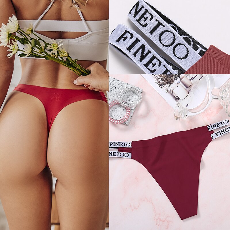 Bộ 2 quần lót lọt khe FINETOO không đường may lưng chữ T vải lụa lạnh cạp thấp gợi cảm dành cho bạn nữ