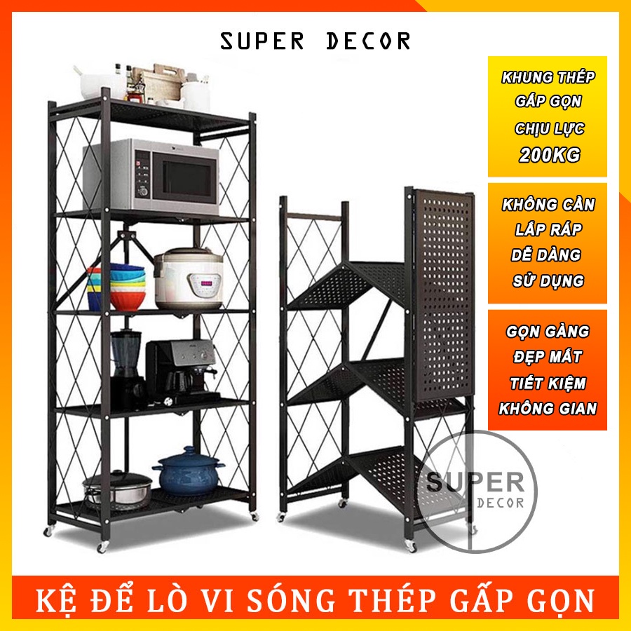 Kệ để lò vi sóng, để đồ đa năng bằng thép sơn tĩnh điện có thể gấp gọn, bánh xe di chuyển tiện lợi, không phải tháo rời
