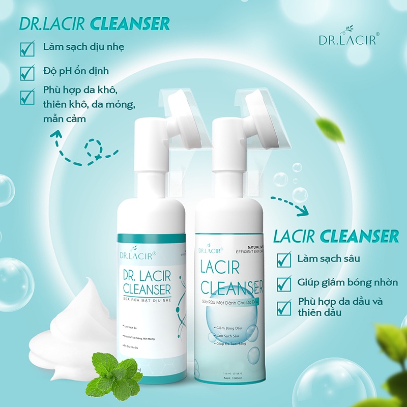 Combo sữa rửa mặt bạc hà kiềm dầu Lacir Cleanser DR.LACIR 150ml và Toner tinh thể bạc hà mint crystal DR.LACIR 10ml