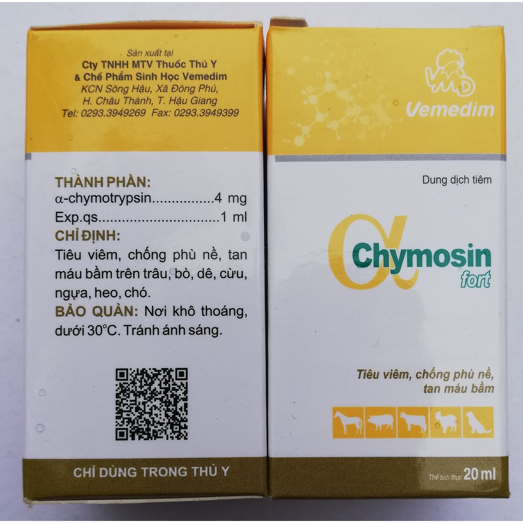 1 lọ Chymosin Fort 20 ml Dùng tiêu vi-êm, ch-ống phù nề, tan m-áu bầm trên trâu, bò, dê, cừu, ngựa, heo, chó, gà chọi