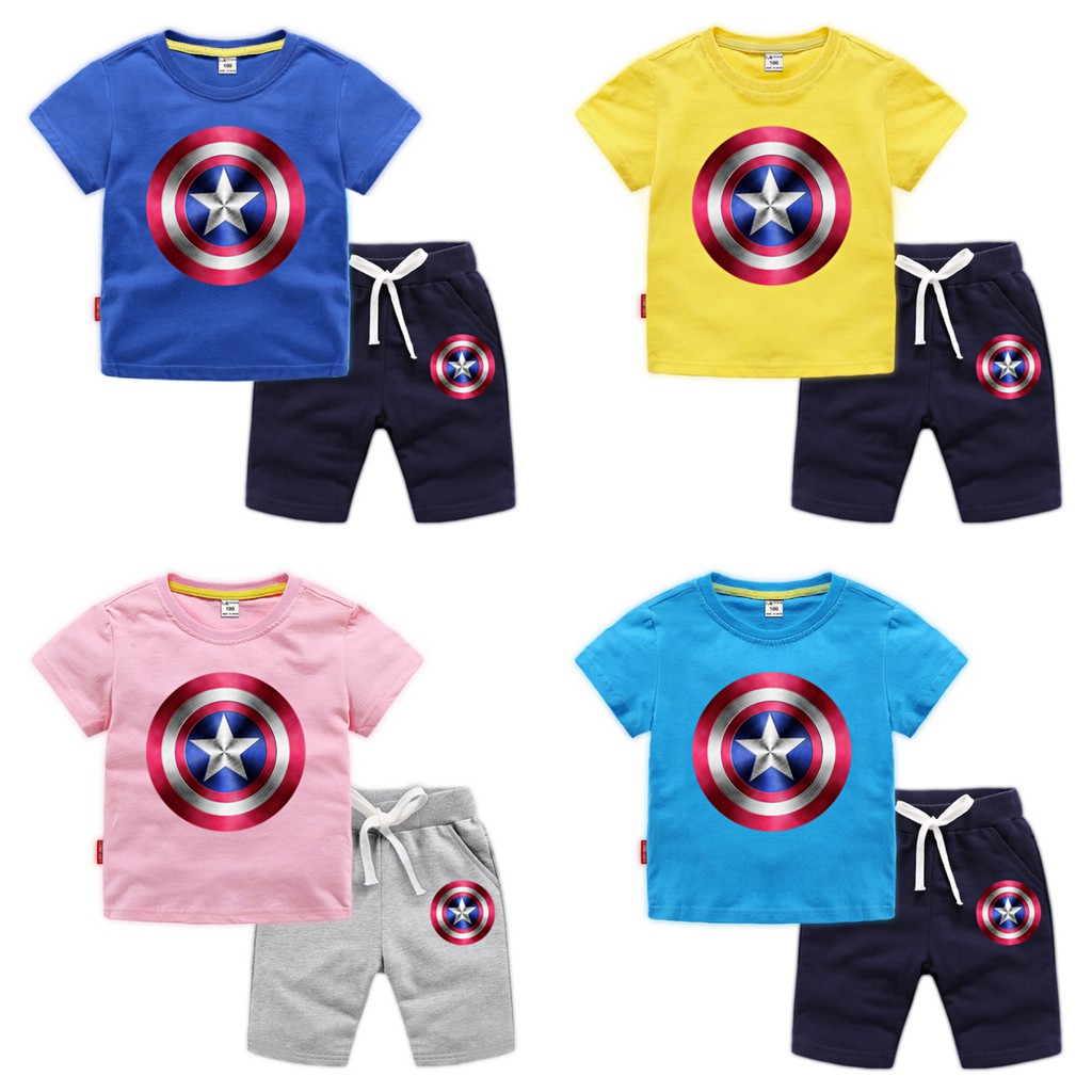 Bộ Đồ 2 Món Áo Thun Tay Ngắn In Hình Khiên Captain America Và Quần Dài Vải Cotton Dành Cho Bé Trai Bé Gái