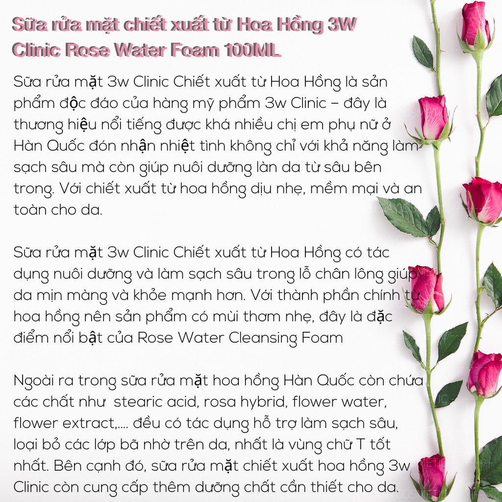 Sữa Rửa Mặt Hoa Hồng 3W Clinic Rose Water Cleansing Foam 100ml