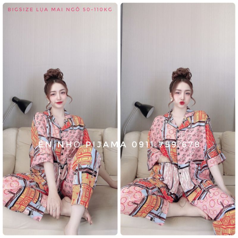 Bộ mặc nhà Pyjama Bigsize Dài Cánh Dơi Lụa Mai ngô. Đủ size 55kg-100kg