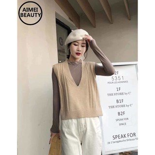 Áo len sát nách cổ chữ V dáng rộng mẫu 2020 phong cách retro thời trang mùa thu cho nữ