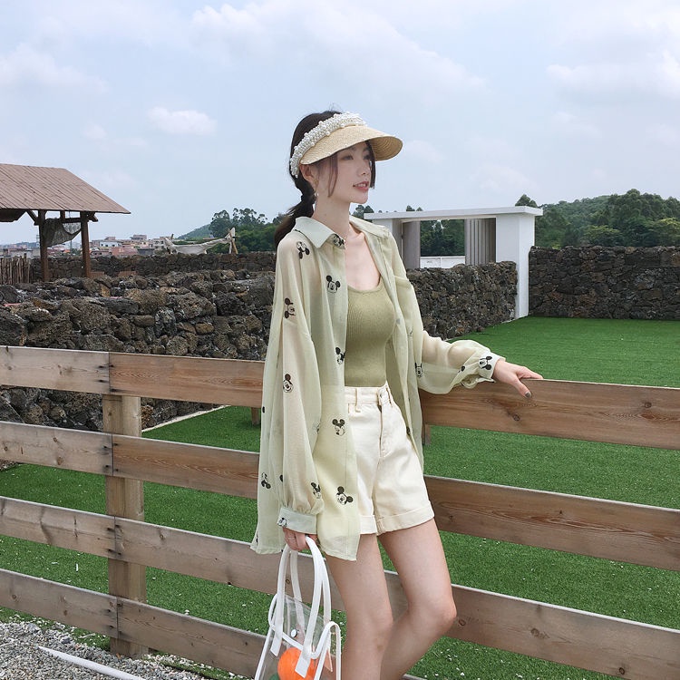 Áo Sơ Mi Chống Nắng Tay Dài Dáng Rộng Cỡ Lớn In Hình Chuột Mickey Thời Trang Cho Nữ