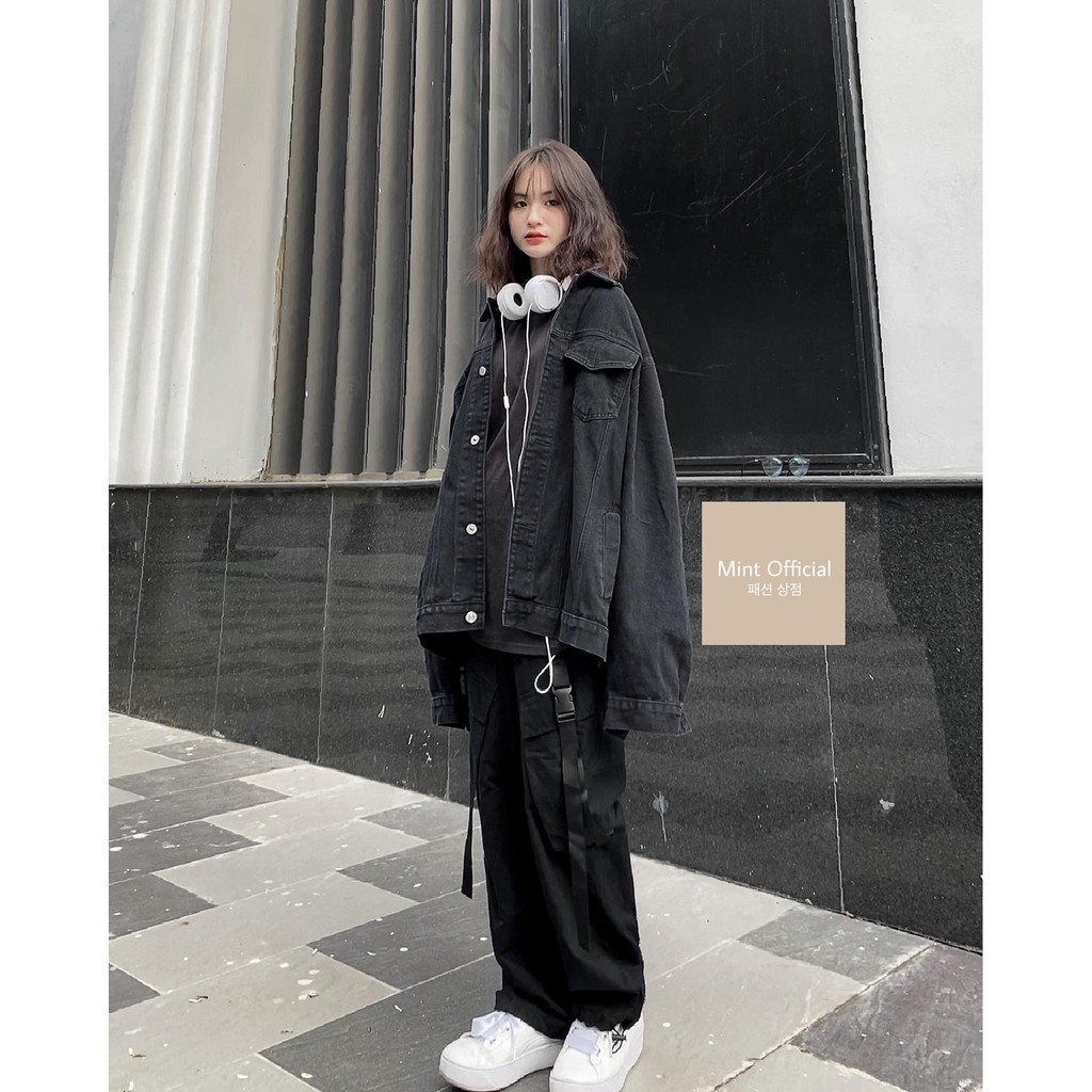 Áo khoác bò màu đen dáng dài rộng