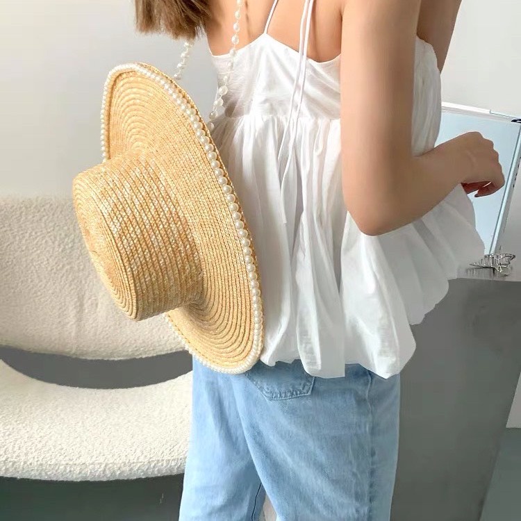 Mũ cói vành rộng viền ngọc kèm dây ngọc xinh xắn