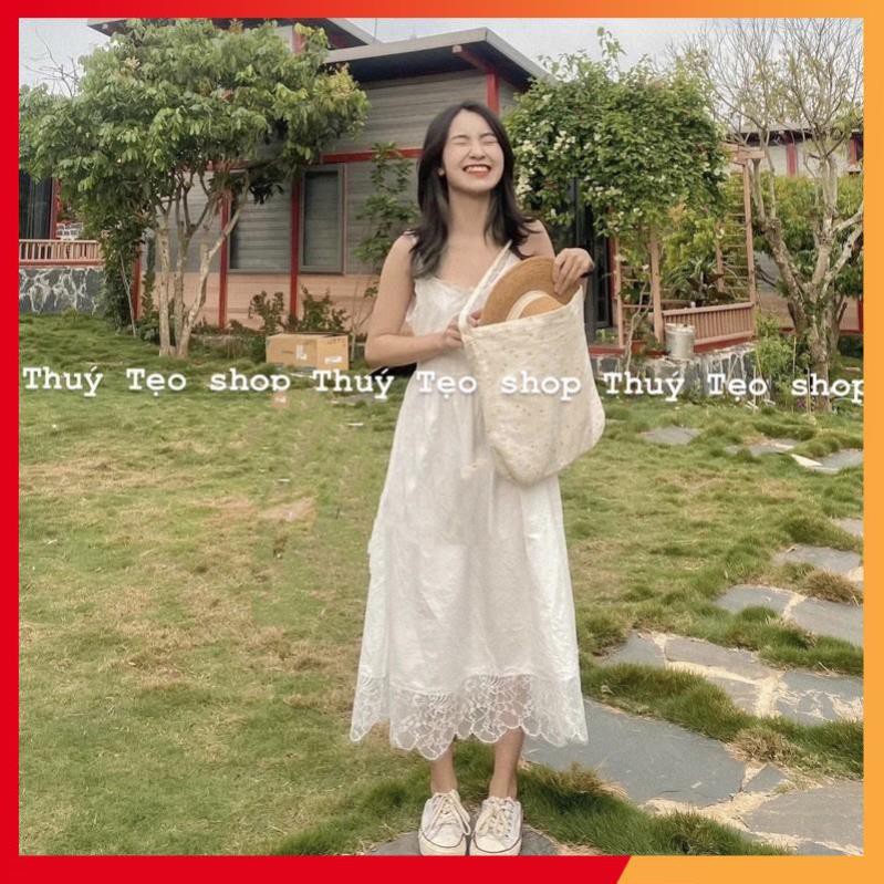 Váy babydoll hai dây trắng viền ren - Váy maxi hai dây tiểu thư