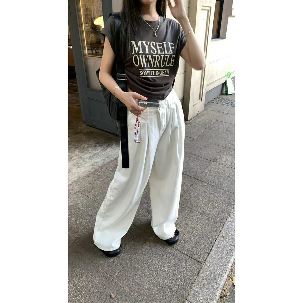 Áo Thun Cộc Tay Cổ Tròn In Chữ Mùa Hè Có Dây Rút Cho Nữ 63973