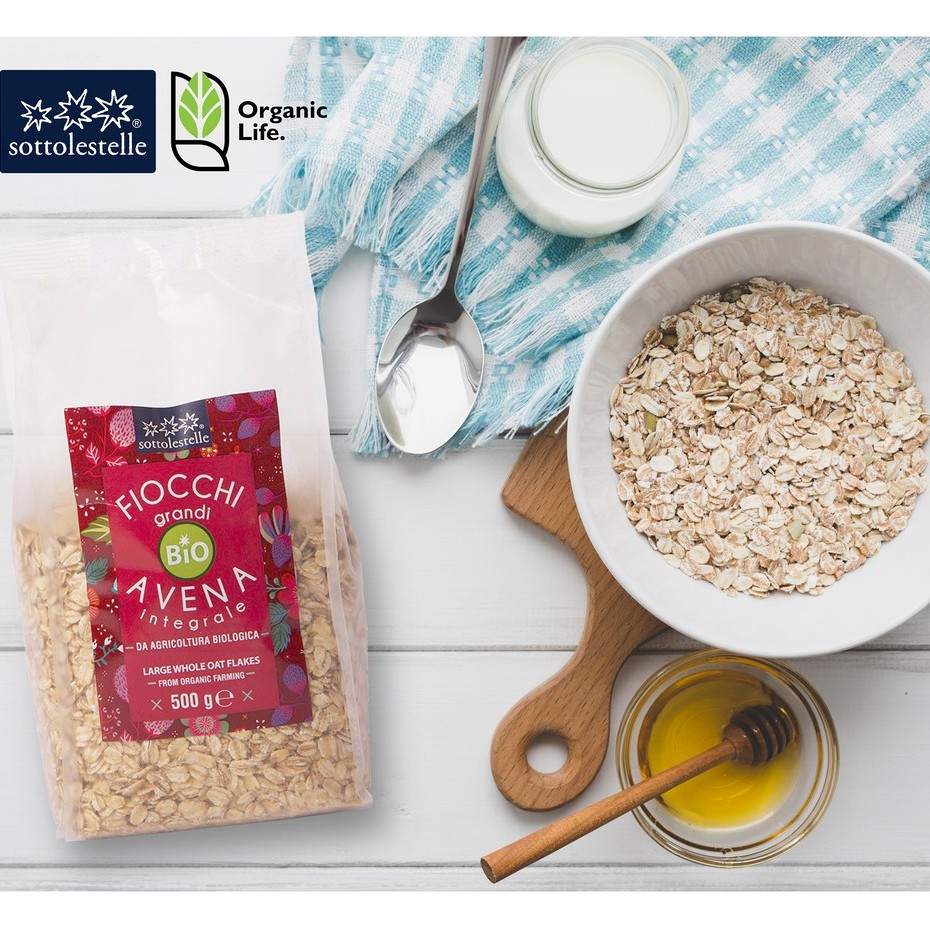 Yến mạch nguyên cám hữu cơ cán lớn/mỏng 500g Sottolestelle Organic Small Whole Oat Flakes