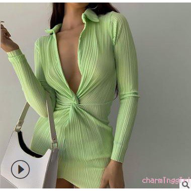 Đầm tay dài cổ chữ v màu trơn dáng ôm thời trang quyến rũ cho nữ