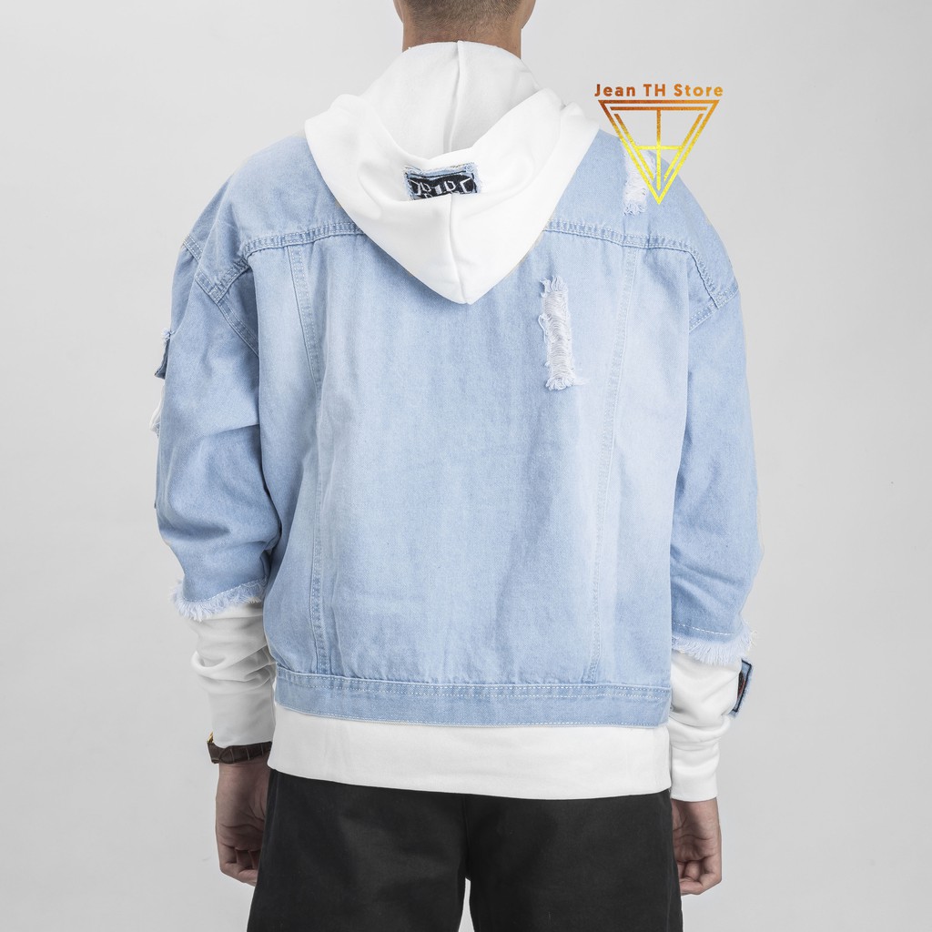 Áo khoác jean xanh phối nón nỉ trắng cao cấp, áo khoác bò phối mũ trẻ trung năng động | BigBuy360 - bigbuy360.vn