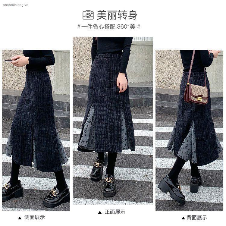 Chân váy dài vừa dáng chữ A lưng cao ghép vải họa tiết đuôi cá thời trang thu đông dành cho nữ