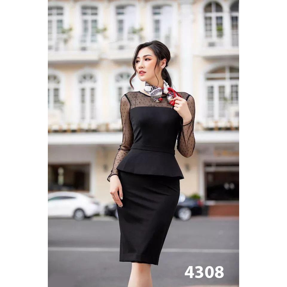 Đầm Ôm Body Đen Kiểu Peplum Phơi Lưới Sang Trọng