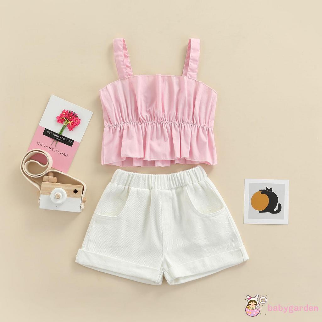 Bộ Áo Croptop Hai Dây + Quần Short Màu Trơn Lưng Thun Đính Nút Dễ Thương Cho Bé Gái 6 Tháng Tuổi 5 Tuổi