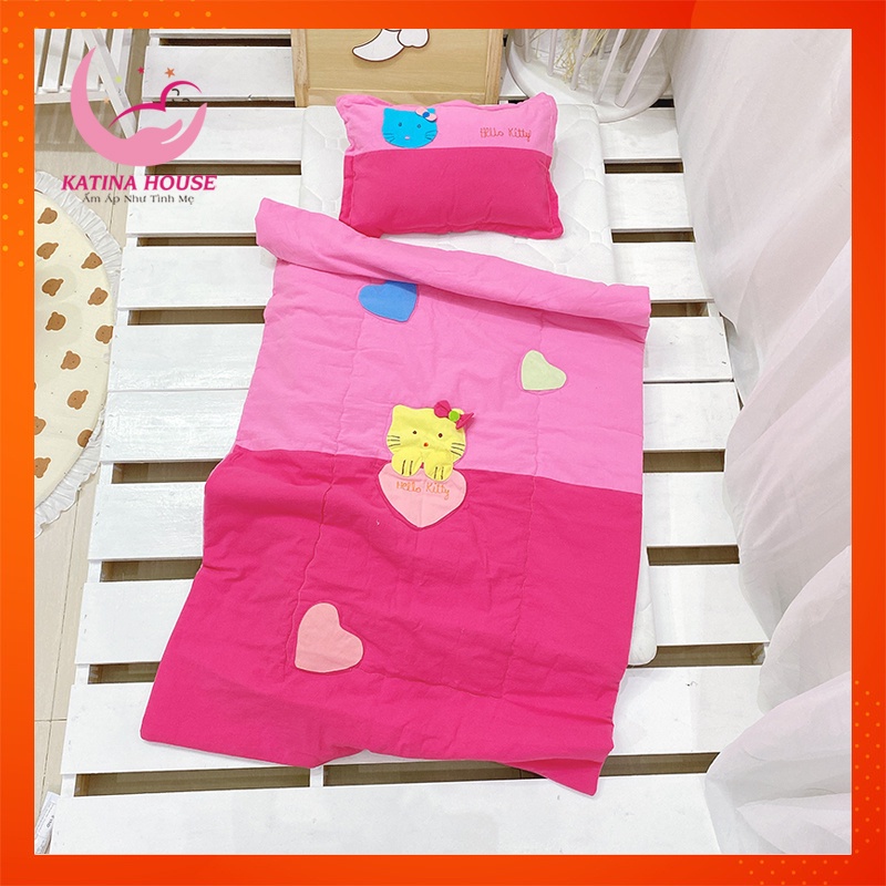 Bộ gối mền cho bé đi học 1-5 tuổi, vải cotton cara mềm, thoáng mát, thấm hút tốt, hoạ tiết đắp hình dễ thương