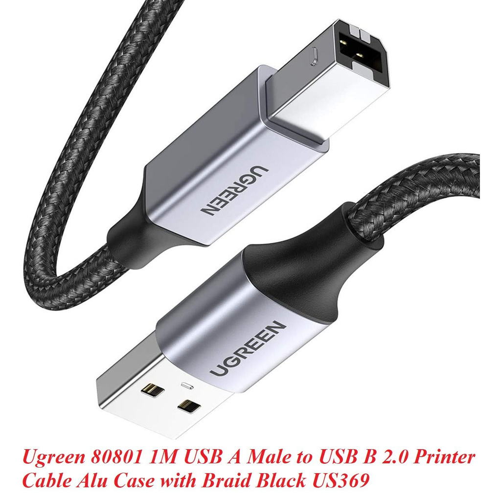 Ugreen 80801 1M đầu nhôm dây bọc lưới chống nhiễu cáp máy in màu Đen 2.0 USB A sang B US369