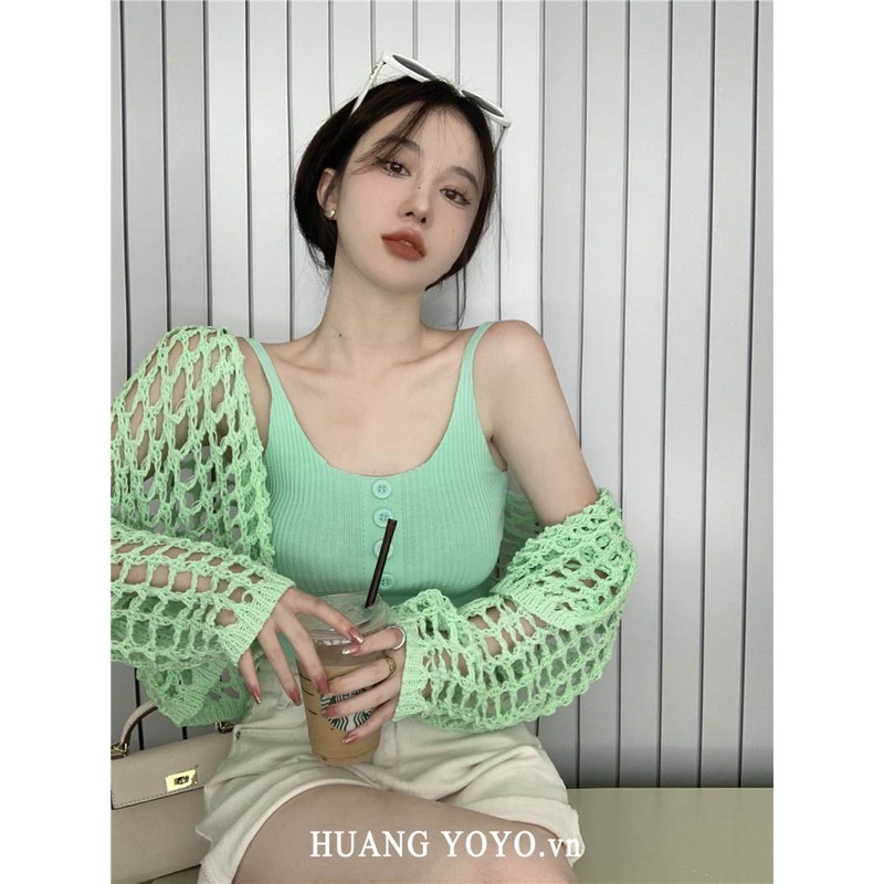 HUANG YOYO Set Áo Dây Dệt Kim + Áo Khoác cardigan Chống Nắng Thời Trang Hàn Quốc Cho Nữ