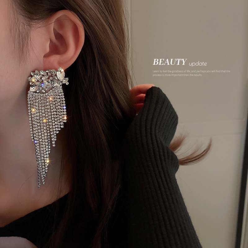 Bông tai mạ bạc 925 thiết kế hình hoa phối tua thời trang phong cách Âu Mỹ