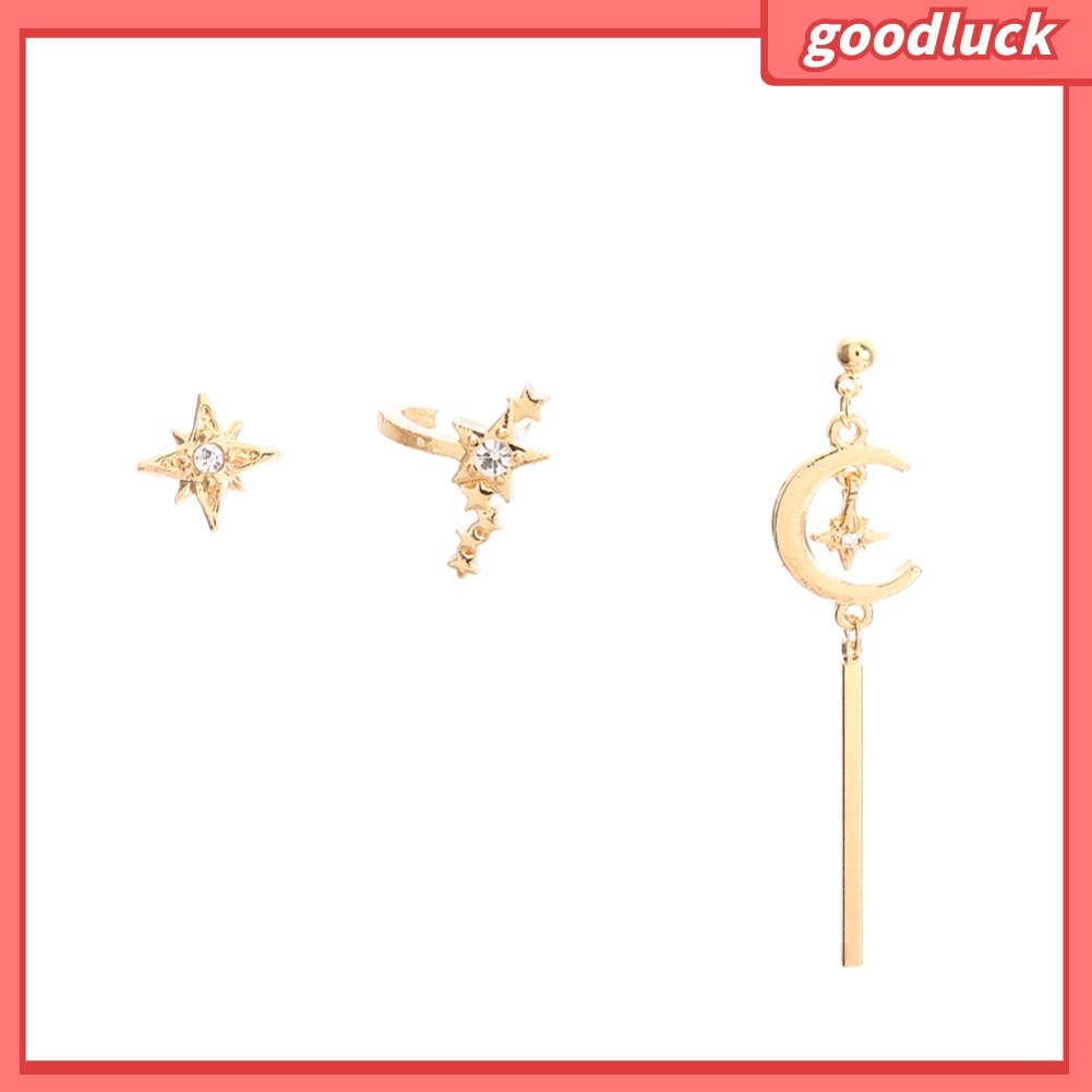 Set 3 Khuyên Tai Xỏ Hình Mặt Trăng / Ngôi Sao Đính Đá Thời Trang Cho Phụ Nữ