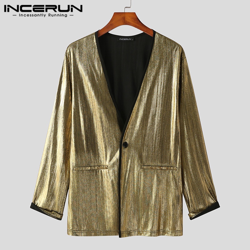 Áo khoác INCERUN nam tay dài cổ chữ V màu ánh kim lấp lánh gợi cảm | BigBuy360 - bigbuy360.vn