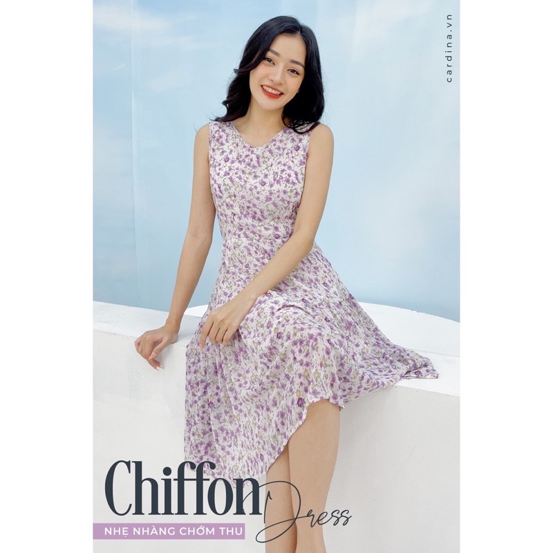 Đầm xinh đi biển CARDINA chất liệu chiffon nhẹ mát, tà váy 2 lớp tay sát nách họa tiết nhã nhặn tôn da (2VC06)