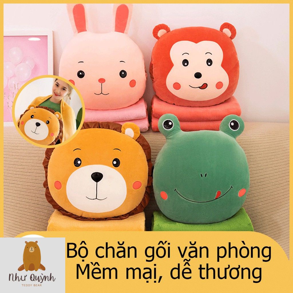 Bộ Chăn Gối Văn Phòng Gấu Bông Sư Tử, Thỏ, Khỉ, Ếch tiện ích 3in1 Như Quỳnh shop