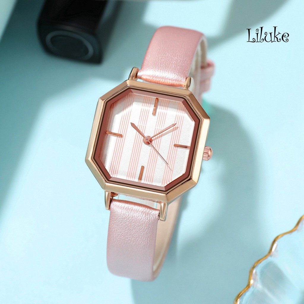 Đồng Hồ Nữ Dây Da Mặt Hình Bát Giác Đơn Giản