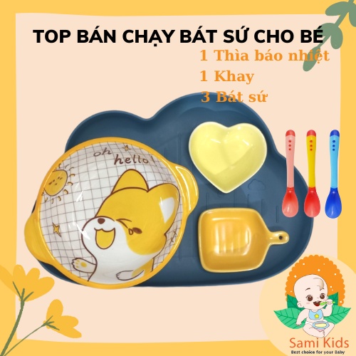Set bát sứ ăn dặm kèm khay và thìa cho bé, tô chén gốm sứ ăn cơm cho trẻ em SAMI KIDS