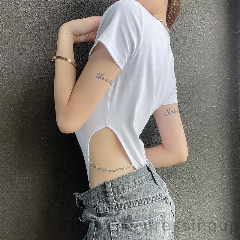 Áo liền quần tay ngắn cổ tròn eo cao phối dây xích độc đáo trang trí thời trang mùa hè cho nữ