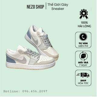 Giày 𝐉𝐨𝐫𝐝𝐚𝐧 1 low paris màu xám gót xanh nam nữ, Giày sneaker JD 1 paris cổ thấp bản đẹp full bill box