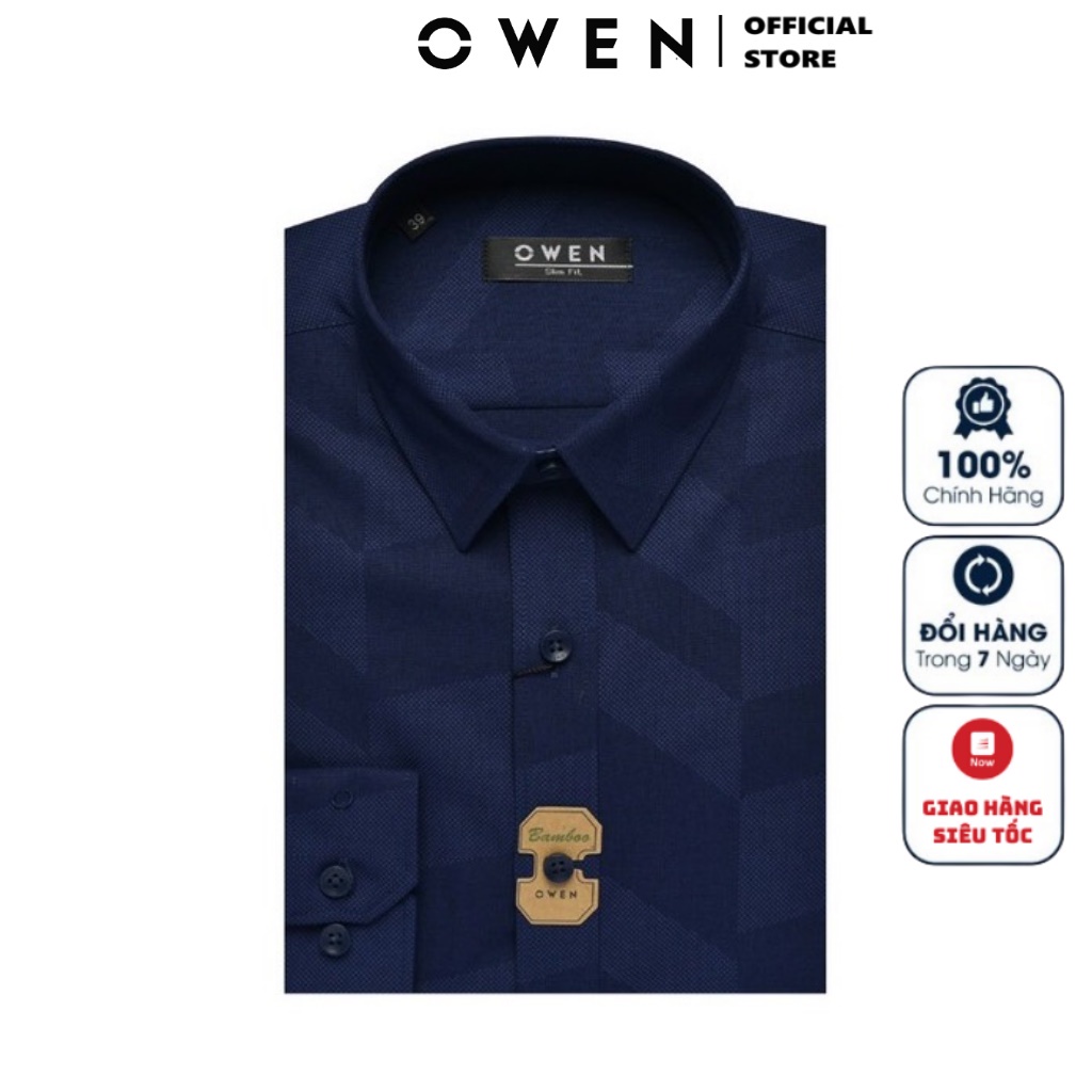 Áo Sơ Mi Nam Dài Tay Owen AS23373D Somi Công Sở Cao Cấp Màu Xanh Cô Ban Đậm Họa Tiết Dáng Ôm Không Túi Chất Sợi Tre