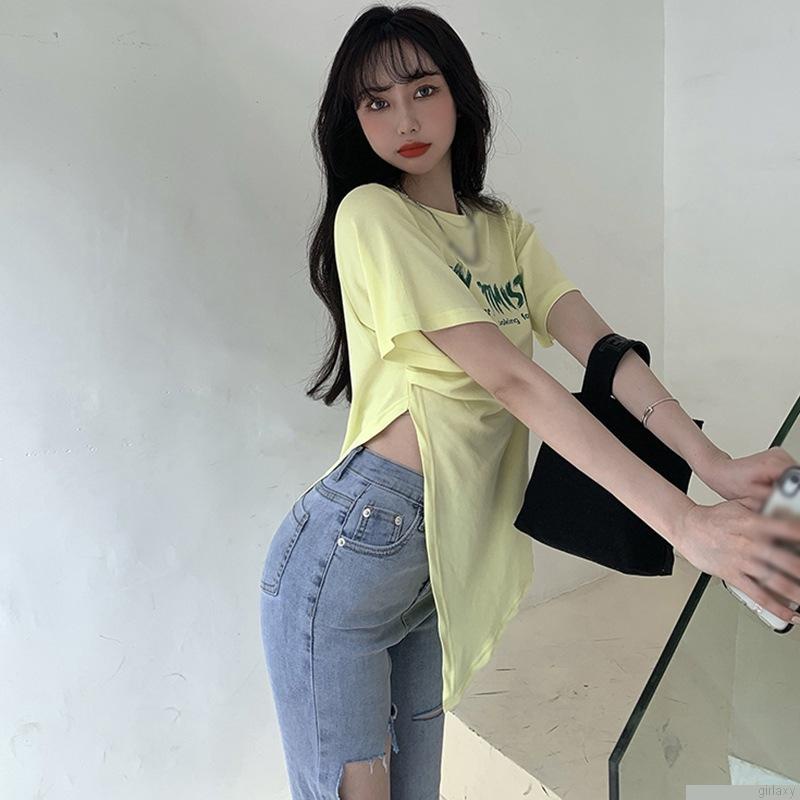 Áo thun ngắn tay cổ tròn in chữ phong cách hàn quốc dành cho nữ
