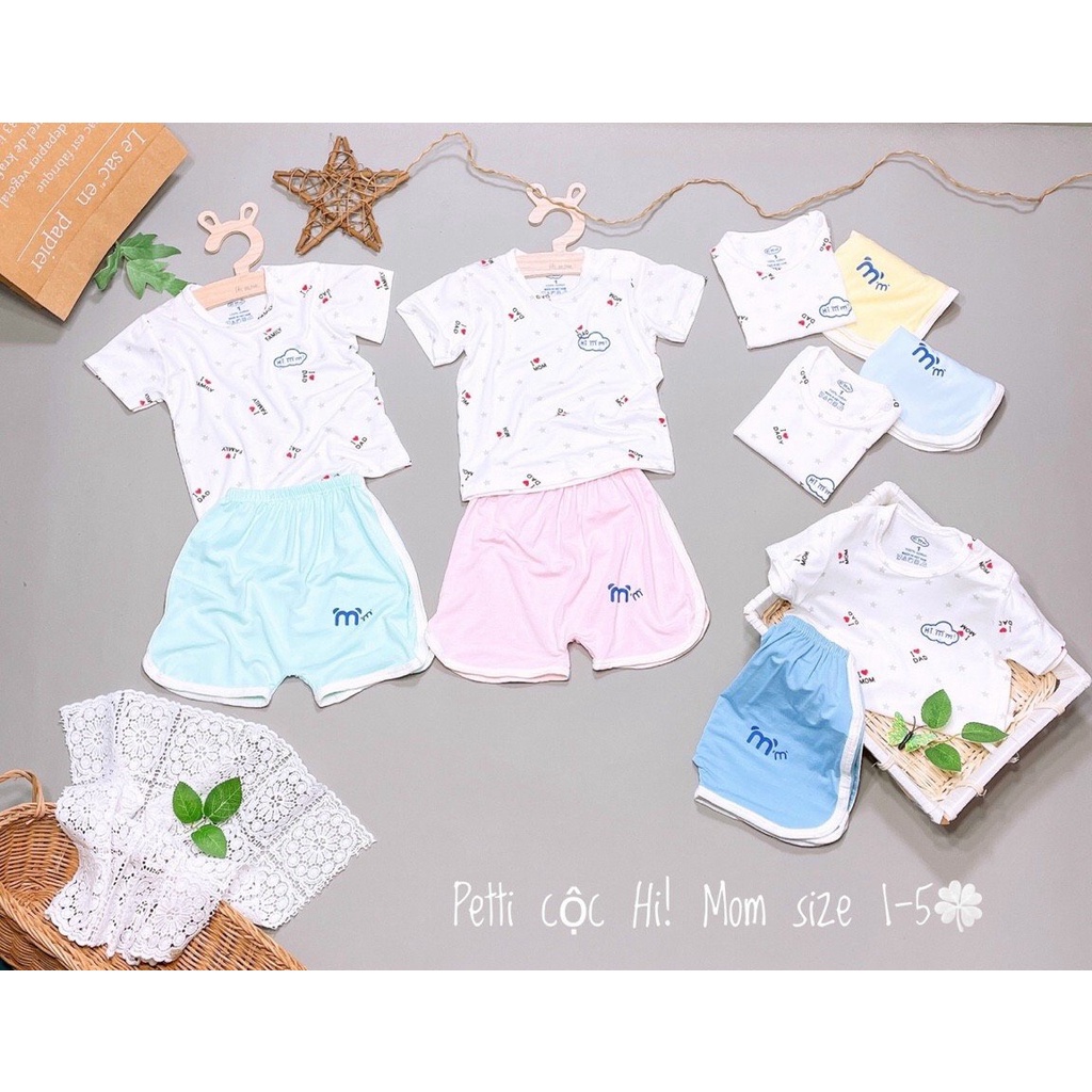 Bộ cộc tay pettit thun lạnh cài vai Hi mom họa tiết I Love Mom Dad Family phối quần màu