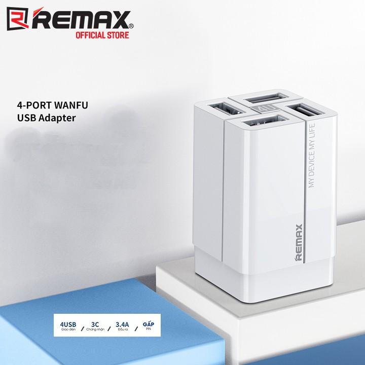 Cốc Sạc 4 cổng USB, Remax Wanfu RP-U43, max 3.4A, Củ Sạc Nhanh Đa Năng