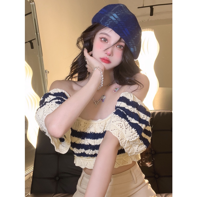 Áo dệt kim cổ vuông họa tiết kẻ sọc thời trang Hàn Quốc cho nữ