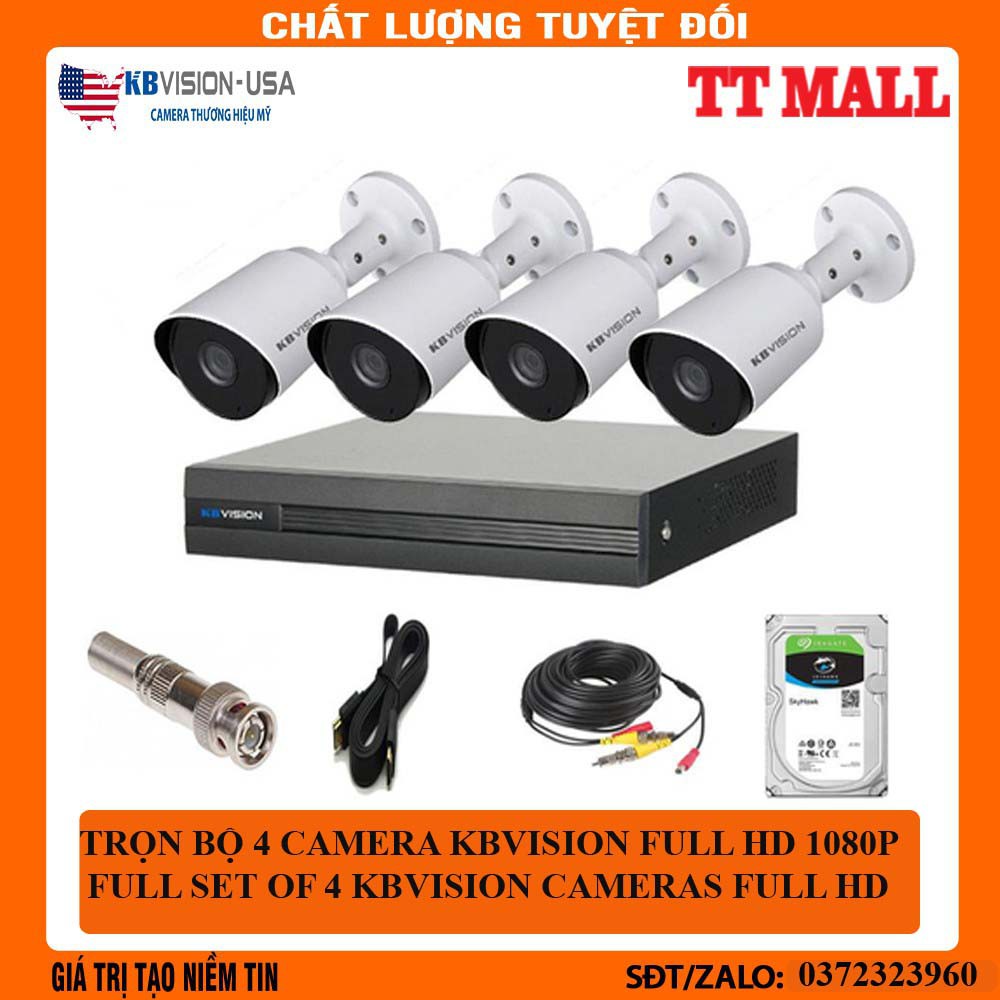 [Giá cực sốc]Trọn bộ 4 camera giám sát KBVISION Full HD 1080p kèm HDD 500G + 60m dây liền nguồn