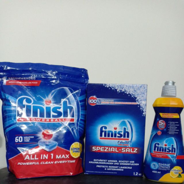 Bộ 3sản phẩm nước làm bóng Finish 600 ml+Hộp muối làm mềm nước Finish 1,2kg +Hộp viên rửa chén bát Finish 60 viên