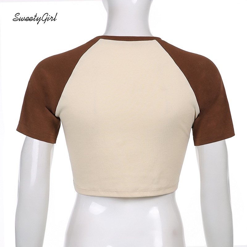 Áo Croptop Tay Ngắn Cổ Tròn Màu Sắc Tương Phản In Họa Tiết Thiên Thần Độc Đáo Thời Trang Cho Nữ