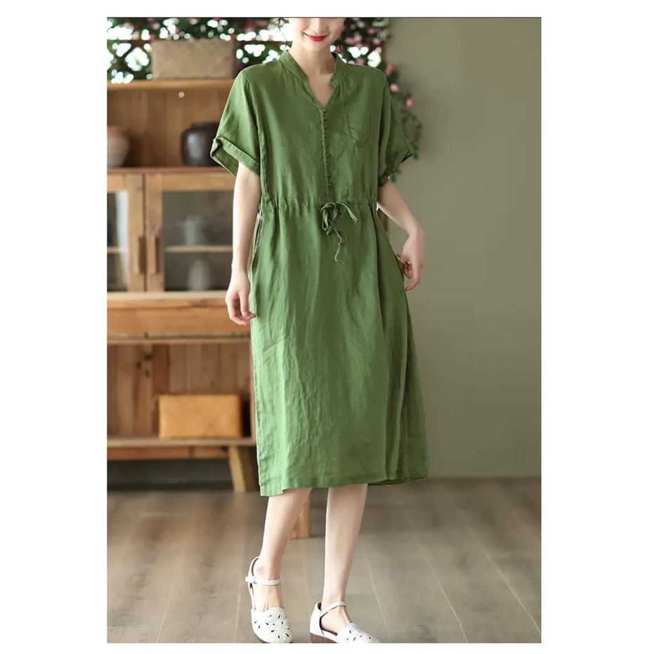 Đầm suông Linen hè nữ ngắn tay, cổ V phối cúc kèm dây thắt eo, chất liệu linen mềm mát Da171